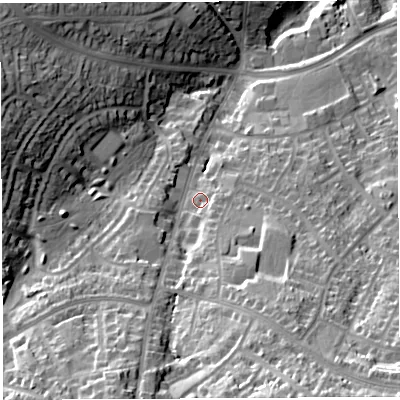 Shaded relief map of the ground around BS138PJ, computed from Environment Agency LiDAR. The ground here sits at about 58 m above sea level and falls 39 m across the surrounding 800 m. Surface water reaching this point runs off ground lying to the south-east, 5.3 m higher.