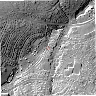 Shaded relief map of the ground around BS138PL, computed from Environment Agency LiDAR. The ground here sits at about 57 m above sea level and falls 35 m across the surrounding 800 m. Surface water reaching this point runs off ground lying to the west, 20.8 m higher.