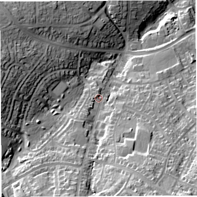 Shaded relief map of the ground around BS138PQ, computed from Environment Agency LiDAR. The ground here sits at about 56 m above sea level and falls 35 m across the surrounding 800 m. Surface water reaching this point runs off ground lying to the south-south-east, 21.4 m higher.