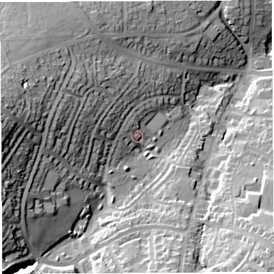 Shaded relief map of the ground around BS138PR, computed from Environment Agency LiDAR. The ground here sits at about 61 m above sea level and falls 44 m across the surrounding 800 m. Surface water reaching this point runs off ground lying to the west-north-west, 9.4 m higher.