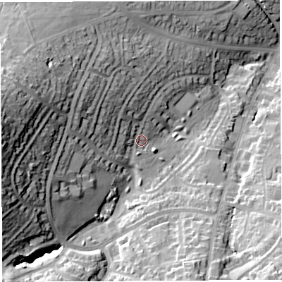 Shaded relief map of the ground around BS138PT, computed from Environment Agency LiDAR. The ground here sits at about 62 m above sea level and falls 48 m across the surrounding 800 m. Surface water reaching this point runs off ground lying to the north-north-west, 7.5 m higher.