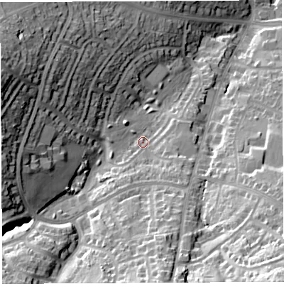 Shaded relief map of the ground around BS138PU, computed from Environment Agency LiDAR. The ground here sits at about 61 m above sea level and falls 46 m across the surrounding 800 m. Surface water reaching this point runs off ground lying to the west-north-west, 27.9 m higher.