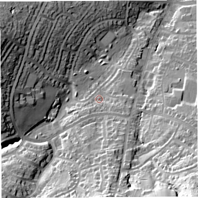 Shaded relief map of the ground around BS138PX, computed from Environment Agency LiDAR. The ground here sits at about 64 m above sea level and falls 51 m across the surrounding 800 m. Surface water reaching this point runs off ground lying to the south, 19.7 m higher.