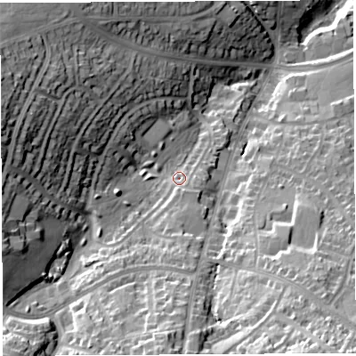 Shaded relief map of the ground around BS138PZ, computed from Environment Agency LiDAR. The ground here sits at about 59 m above sea level and falls 39 m across the surrounding 800 m. Surface water reaching this point runs off ground lying to the south, 4.5 m higher.