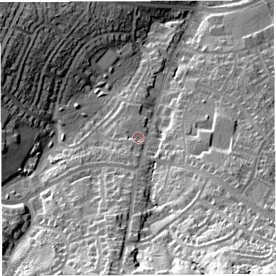 Shaded relief map of the ground around BS138QA, computed from Environment Agency LiDAR. The ground here sits at about 62 m above sea level and falls 49 m across the surrounding 800 m. Surface water reaching this point runs off ground lying to the south-south-west, 5.1 m higher.