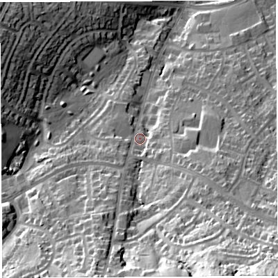 Shaded relief map of the ground around BS138QB, computed from Environment Agency LiDAR. The ground here sits at about 62 m above sea level and falls 50 m across the surrounding 800 m. Surface water reaching this point runs off ground lying to the south-east, 35.9 m higher.