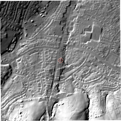 Shaded relief map of the ground around BS138QD, computed from Environment Agency LiDAR. The ground here sits at about 71 m above sea level and falls 68 m across the surrounding 800 m. Surface water reaching this point runs off ground lying to the south-east, 49.6 m higher.