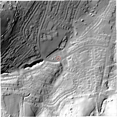 Shaded relief map of the ground around BS138RA, computed from Environment Agency LiDAR. The ground here sits at about 67 m above sea level and falls 59 m across the surrounding 800 m. Surface water reaching this point runs off ground lying to the west-north-west, 46.7 m higher.