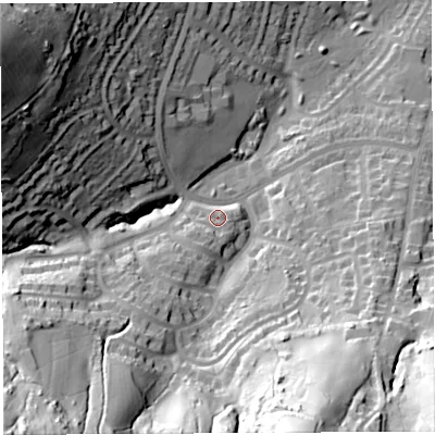 Shaded relief map of the ground around BS138RG, computed from Environment Agency LiDAR. The ground here sits at about 71 m above sea level and falls 64 m across the surrounding 800 m. Surface water reaching this point runs off ground lying to the south-west, 52.9 m higher.
