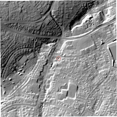 Shaded relief map of the ground around BS139AA, computed from Environment Agency LiDAR. The ground here sits at about 53 m above sea level and falls 34 m across the surrounding 800 m. Surface water reaching this point runs off ground lying to the south-south-east, 21.3 m higher.
