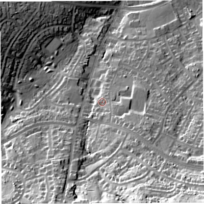 Shaded relief map of the ground around BS139AY, computed from Environment Agency LiDAR. The ground here sits at about 64 m above sea level and falls 49 m across the surrounding 800 m. Surface water reaching this point runs off ground lying to the south-east, 10.7 m higher.