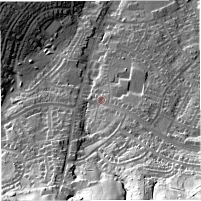 Shaded relief map of the ground around BS139DG, computed from Environment Agency LiDAR. The ground here sits at about 66 m above sea level and falls 62 m across the surrounding 800 m. Surface water reaching this point runs off ground lying to the south-east, 43.8 m higher.