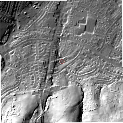 Shaded relief map of the ground around BS139DN, computed from Environment Agency LiDAR. The ground here sits at about 72 m above sea level and falls 78 m across the surrounding 800 m. Surface water reaching this point runs off ground lying to the south-south-east, 57.9 m higher.