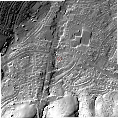 Shaded relief map of the ground around BS139DQ, computed from Environment Agency LiDAR. The ground here sits at about 68 m above sea level and falls 67 m across the surrounding 800 m. Surface water reaching this point runs off ground lying to the south-south-east, 46.9 m higher.