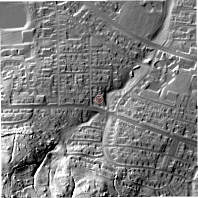 Shaded relief map of the ground around BS139LS, computed from Environment Agency LiDAR. The ground here sits at about 71 m above sea level and falls 89 m across the surrounding 800 m. Surface water reaching this point runs off ground lying to the west, 6.9 m higher.