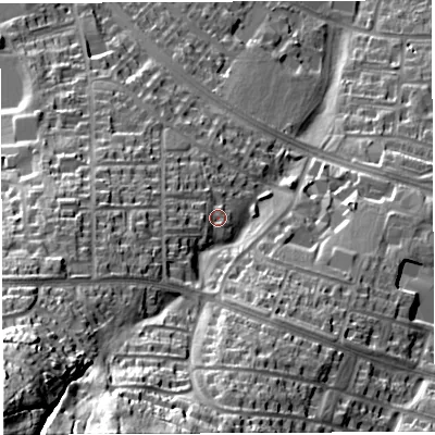 Shaded relief map of the ground around BS139LX, computed from Environment Agency LiDAR. The ground here sits at about 65 m above sea level and falls 72 m across the surrounding 800 m. Surface water reaching this point runs off ground lying to the west-south-west, 2.7 m higher.