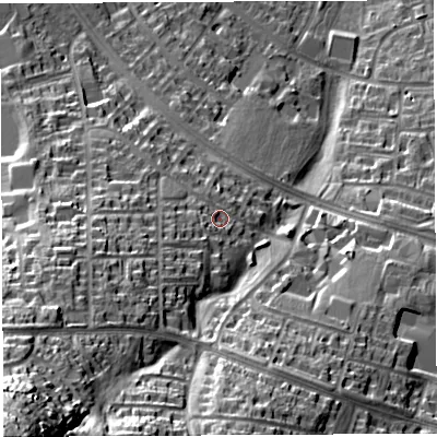 Shaded relief map of the ground around BS139NA, computed from Environment Agency LiDAR. The ground here sits at about 62 m above sea level and falls 63 m across the surrounding 800 m. Surface water reaching this point runs off ground lying to the south-south-west, 3.6 m higher.