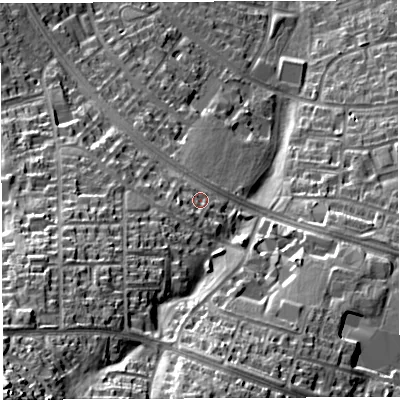 Shaded relief map of the ground around BS139NB, computed from Environment Agency LiDAR. The ground here sits at about 58 m above sea level and falls 53 m across the surrounding 800 m. Surface water reaching this point runs off ground lying to the south-west, 7.4 m higher.
