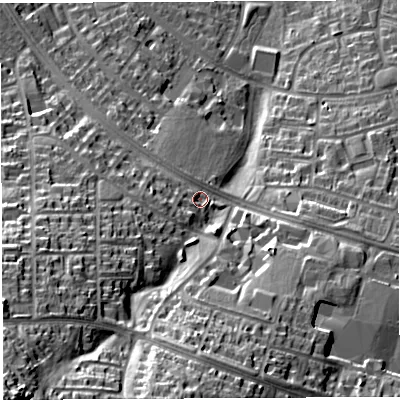 Shaded relief map of the ground around BS139ND, computed from Environment Agency LiDAR. The ground here sits at about 58 m above sea level and falls 50 m across the surrounding 800 m. Surface water reaching this point runs off ground lying to the west-south-west, 9.0 m higher.