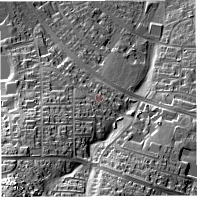 Shaded relief map of the ground around BS139NE, computed from Environment Agency LiDAR. The ground here sits at about 61 m above sea level and falls 58 m across the surrounding 800 m. Surface water reaching this point runs off ground lying to the south-west, 9.3 m higher.