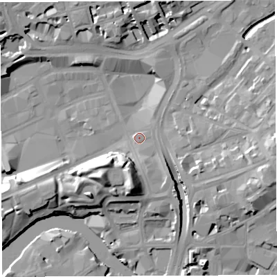Shaded relief map of the ground around BS13AG, computed from Environment Agency LiDAR. The ground here sits at about 11 m above sea level and falls 17 m across the surrounding 800 m. Surface water reaching this point runs off ground lying to the south-south-east, 4.4 m higher.