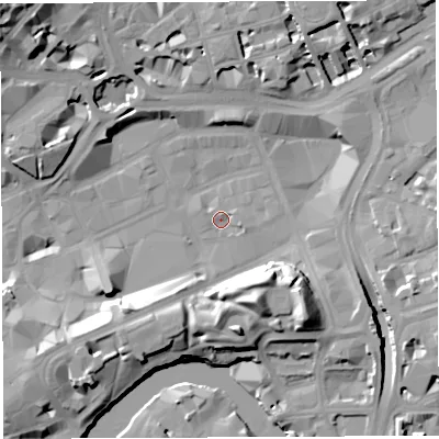 Shaded relief map of the ground around BS13AP, computed from Environment Agency LiDAR. The ground here sits at about 9 m above sea level and falls 24 m across the surrounding 800 m. Surface water reaching this point runs off ground lying to the south-south-east, 14.5 m higher.