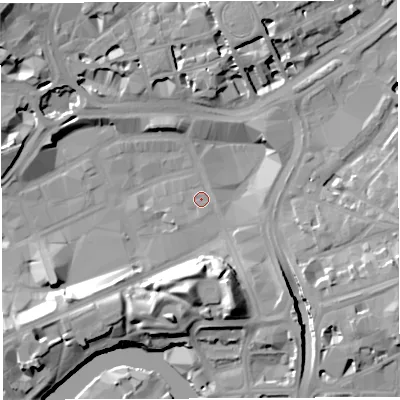 Shaded relief map of the ground around BS13AU, computed from Environment Agency LiDAR. The ground here sits at about 10 m above sea level and falls 17 m across the surrounding 800 m. Surface water reaching this point runs off ground lying to the east-south-east, 11.0 m higher.