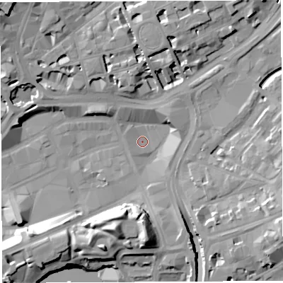 Shaded relief map of the ground around BS13BA, computed from Environment Agency LiDAR. The ground here sits at about 8 m above sea level and falls 18 m across the surrounding 800 m. Surface water reaching this point runs off ground lying to the west-south-west, 2.9 m higher.