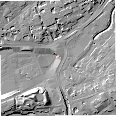 Shaded relief map of the ground around BS13BD, computed from Environment Agency LiDAR. The ground here sits at about 10 m above sea level and falls 17 m across the surrounding 800 m. Surface water reaching this point runs off ground lying to the east-south-east, 16.3 m higher.