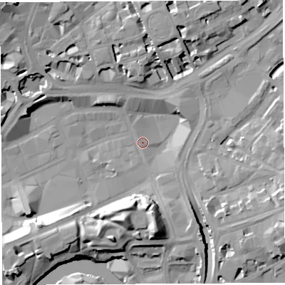 Shaded relief map of the ground around BS13BE, computed from Environment Agency LiDAR. The ground here sits at about 10 m above sea level and falls 17 m across the surrounding 800 m. Surface water reaching this point runs off ground lying to the east-south-east, 12.0 m higher.