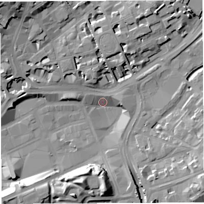 Shaded relief map of the ground around BS13BF, computed from Environment Agency LiDAR. The ground here sits at about 9 m above sea level and falls 23 m across the surrounding 800 m. Surface water reaching this point runs off ground lying to the west-north-west, 4.3 m higher.