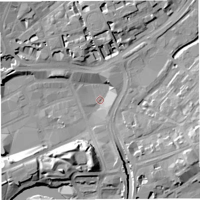 Shaded relief map of the ground around BS13BH, computed from Environment Agency LiDAR. The ground here sits at about 8 m above sea level and falls 17 m across the surrounding 800 m. Surface water reaching this point runs off ground lying to the east-south-east, 13.5 m higher.