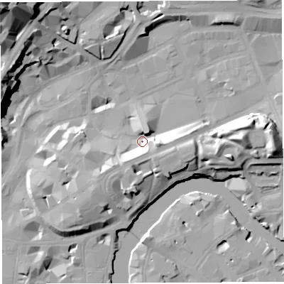 Shaded relief map of the ground around BS13BL, computed from Environment Agency LiDAR. The ground here sits at about 10 m above sea level and falls 35 m across the surrounding 800 m. Surface water reaching this point runs off ground lying to the south-south-west, 10.1 m higher.