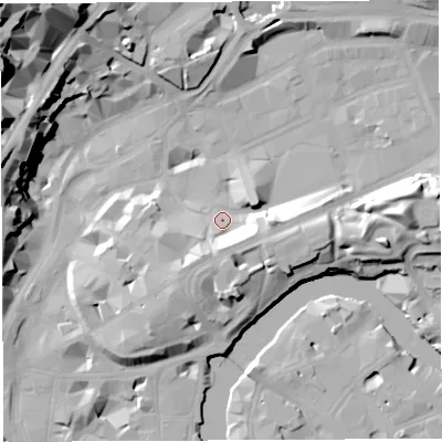 Shaded relief map of the ground around BS13BN, computed from Environment Agency LiDAR. The ground here sits at about 11 m above sea level and falls 41 m across the surrounding 800 m. Surface water reaching this point runs off ground lying to the south-south-east, 9.6 m higher.