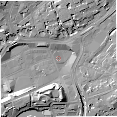 Shaded relief map of the ground around BS13BQ, computed from Environment Agency LiDAR. The ground here sits at about 9 m above sea level and falls 18 m across the surrounding 800 m. Surface water reaching this point runs off ground lying to the south-west, 2.9 m higher.