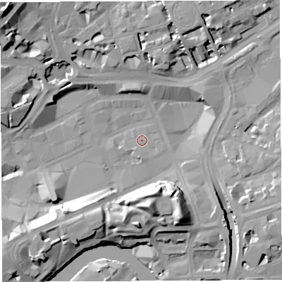 Shaded relief map of the ground around BS13BU, computed from Environment Agency LiDAR. The ground here sits at about 10 m above sea level and falls 23 m across the surrounding 800 m. Surface water reaching this point runs off ground lying to the east-south-east, 9.4 m higher.