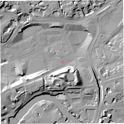 Shaded relief map of the ground around BS13BZ, computed from Environment Agency LiDAR. The ground here sits at about 9 m above sea level and falls 17 m across the surrounding 800 m. Surface water reaching this point runs off ground lying to the south, 13.9 m higher.