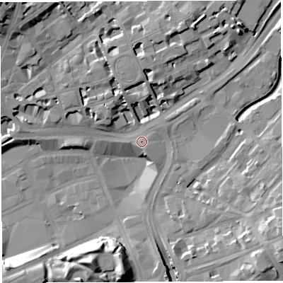 Shaded relief map of the ground around BS13DA, computed from Environment Agency LiDAR. The ground here sits at about 12 m above sea level and falls 21 m across the surrounding 800 m. Surface water reaching this point runs off ground lying to the south-south-east, 2.0 m higher.