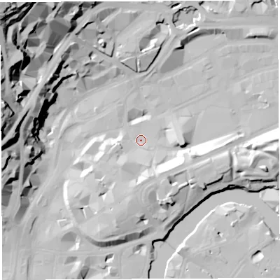 Shaded relief map of the ground around BS13DB, computed from Environment Agency LiDAR. The ground here sits at about 9 m above sea level and falls 57 m across the surrounding 800 m. Surface water reaching this point runs off ground lying to the south-east, 11.6 m higher.