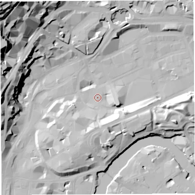Shaded relief map of the ground around BS13DD, computed from Environment Agency LiDAR. The ground here sits at about 9 m above sea level and falls 55 m across the surrounding 800 m. Surface water reaching this point runs off ground lying to the east, 15.2 m higher.