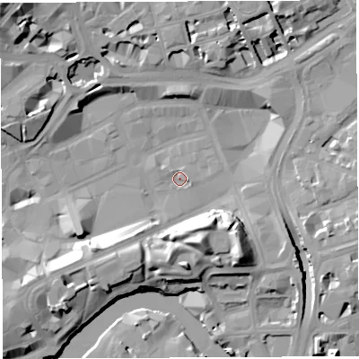 Shaded relief map of the ground around BS13DF, computed from Environment Agency LiDAR. The ground here sits at about 9 m above sea level and falls 21 m across the surrounding 800 m. Surface water reaching this point runs off ground lying to the south-south-east, 14.4 m higher.