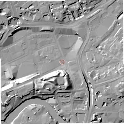 Shaded relief map of the ground around BS13DH, computed from Environment Agency LiDAR. The ground here sits at about 10 m above sea level and falls 17 m across the surrounding 800 m. Surface water reaching this point runs off ground lying to the south-east, 4.8 m higher.
