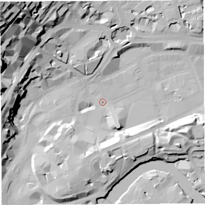 Shaded relief map of the ground around BS13DN, computed from Environment Agency LiDAR. The ground here sits at about 8 m above sea level and falls 59 m across the surrounding 800 m. Surface water reaching this point runs off ground lying to the east-south-east, 16.9 m higher.