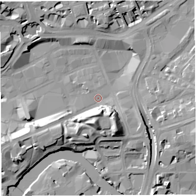Shaded relief map of the ground around BS13DQ, computed from Environment Agency LiDAR. The ground here sits at about 9 m above sea level and falls 17 m across the surrounding 800 m. Surface water reaching this point runs off ground lying to the south, 13.9 m higher.