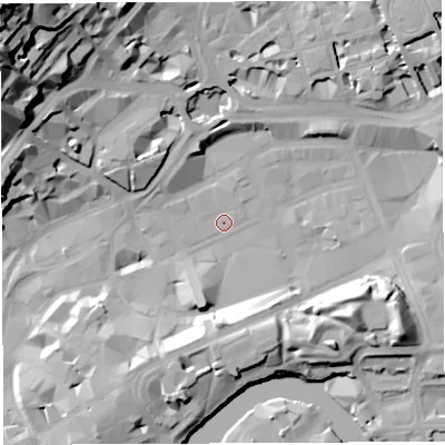 Shaded relief map of the ground around BS13DR, computed from Environment Agency LiDAR. The ground here sits at about 9 m above sea level and falls 50 m across the surrounding 800 m. Surface water reaching this point runs off ground lying to the north-north-west, 16.9 m higher.
