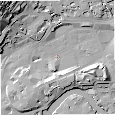 Shaded relief map of the ground around BS13DT, computed from Environment Agency LiDAR. The ground here sits at about 9 m above sea level and falls 46 m across the surrounding 800 m. Surface water reaching this point runs off ground lying to the east-south-east, 14.7 m higher.