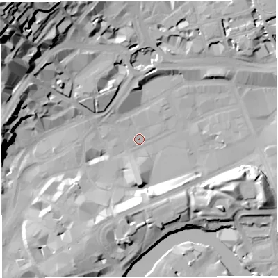 Shaded relief map of the ground around BS13DW, computed from Environment Agency LiDAR. The ground here sits at about 8 m above sea level and falls 53 m across the surrounding 800 m. Surface water reaching this point runs off ground lying to the north-north-west, 17.8 m higher.