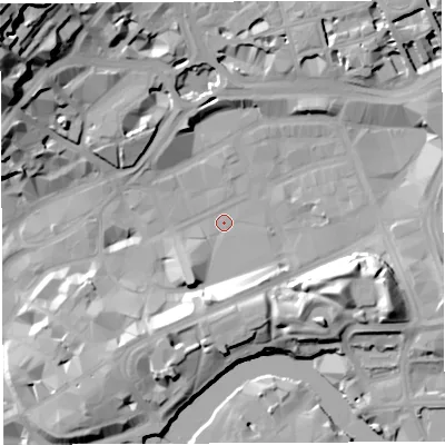 Shaded relief map of the ground around BS13DX, computed from Environment Agency LiDAR. The ground here sits at about 8 m above sea level and falls 39 m across the surrounding 800 m. Surface water reaching this point runs off ground lying to the north-north-west, 17.6 m higher.
