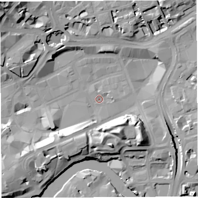 Shaded relief map of the ground around BS13DY, computed from Environment Agency LiDAR. The ground here sits at about 9 m above sea level and falls 23 m across the surrounding 800 m. Surface water reaching this point runs off ground lying to the south-south-east, 14.5 m higher.