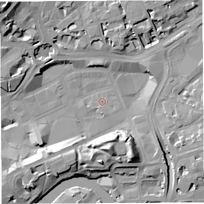 Shaded relief map of the ground around BS13DZ, computed from Environment Agency LiDAR. The ground here sits at about 10 m above sea level and falls 23 m across the surrounding 800 m. Surface water reaching this point runs off ground lying to the east-south-east, 9.2 m higher.